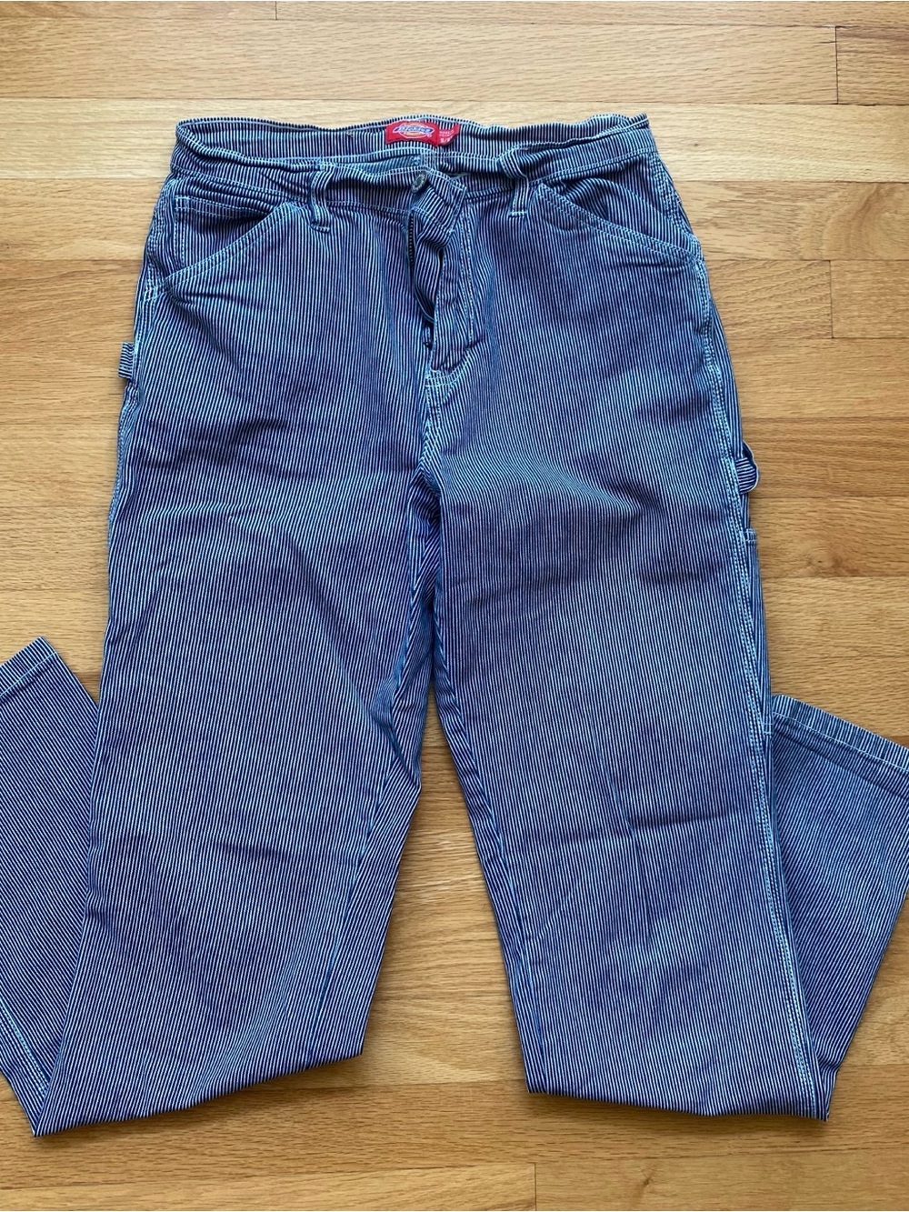Dickies Blue and White Striped Work Pants with Red Logo Tag